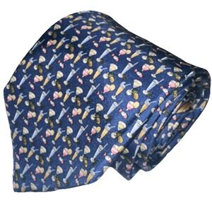 Salvatore Ferragamo Silk Necktie Tropical Drinks Pineapples Pastels And Navy